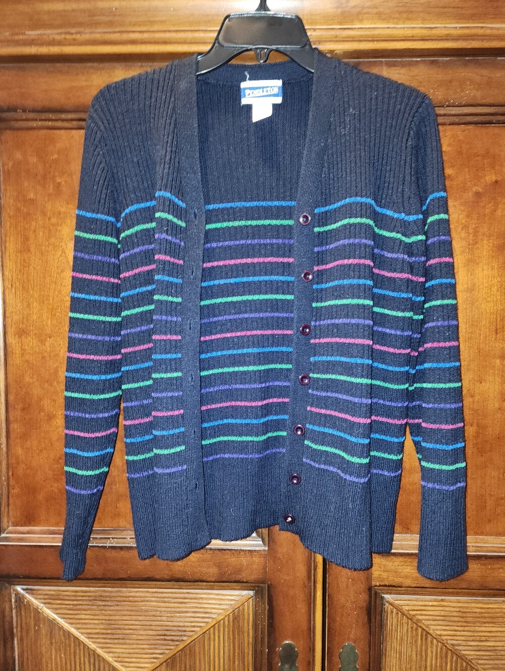 Womens Med Pendleton Navy Cardigan with Blue, Green & Purple Stripes Wool